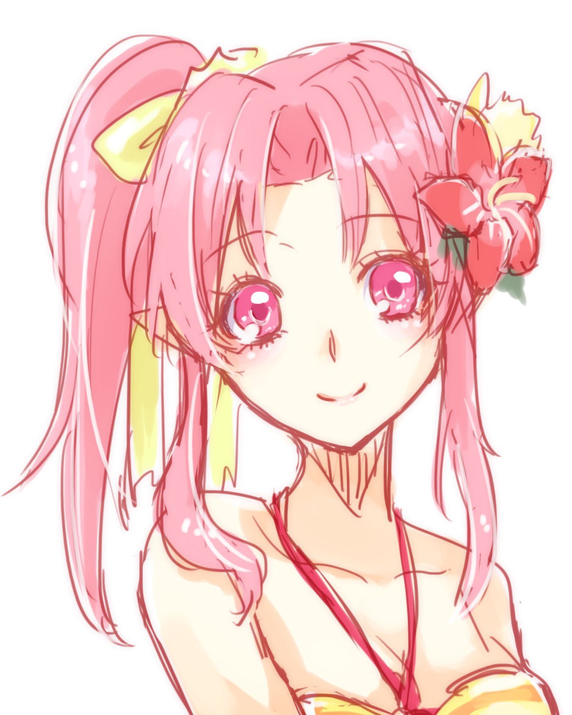 breasts cleavage commentary_request flower hair_flower hair_ornament hair_ribbon highres long_hair millie_chliette pink_eyes pink_hair pointy_ears ponytail ribbon sketch smile star_ocean star_ocean_first_departure