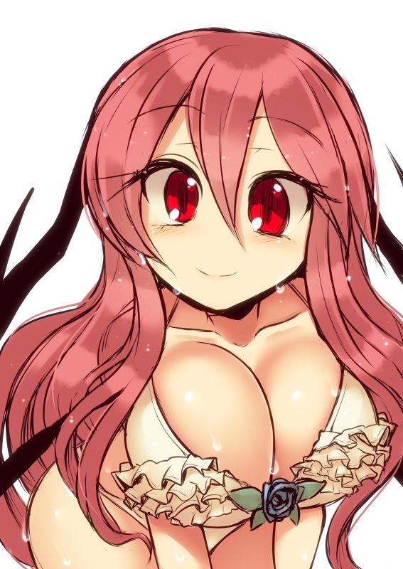 1girl alternate_costume big_eyes bikini blue_flower blue_rose blush breast_squeeze breasts cleavage collarbone cowboy_shot demon_girl eyebrows_visible_through_hair flower frilled_bikini frills hair_between_eyes head_wings koakuma kuresento large_breasts leaf leaning_forward long_hair looking_at_viewer red_eyes redhead rose simple_background smile solo standing succubus swimsuit touhou wet wide_hips wings