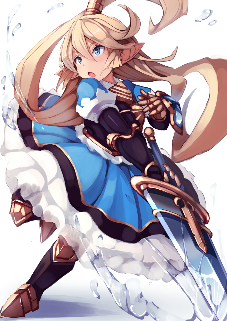 1girl :o blonde_hair blue_eyes blue_skirt charlotta_fenia commentary_request crown full_body gauntlets granblue_fantasy harvin holding holding_sword holding_weapon long_hair looking_away opanchu_(hakusen) open_mouth pointy_ears simple_background skirt solo sword very_long_hair weapon white_background