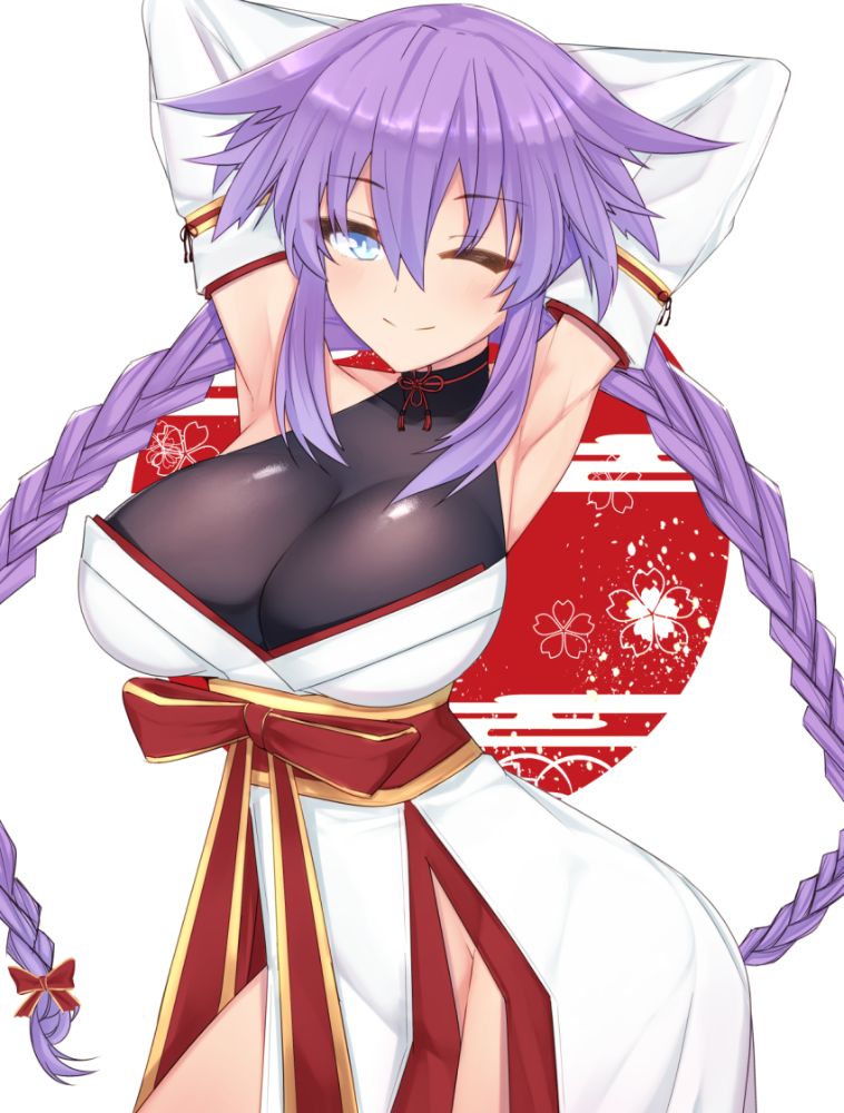 1girl arms_behind_head blue_eyes blush braid breasts detached_sleeves dura hair_between_eyes highres japanese_clothes large_breasts long_hair neptune_(series) one_eye_closed power_symbol purple_hair purple_heart smile solo symbol-shaped_pupils twin_braids very_long_hair