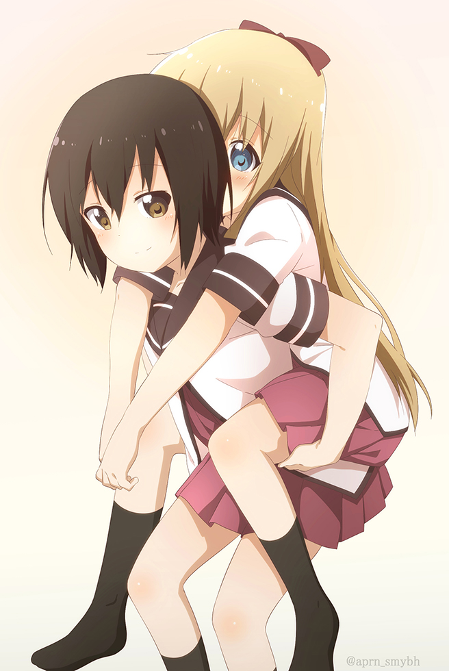 2girls black_legwear blonde_hair blue_eyes bow brown_eyes brown_hair carrying collarbone commentary_request funami_yui hair_bow long_hair multiple_girls nanamori_school_uniform piggyback ren_kon school_uniform serafuku short_hair smile socks toshinou_kyouko twitter_username yuru_yuri