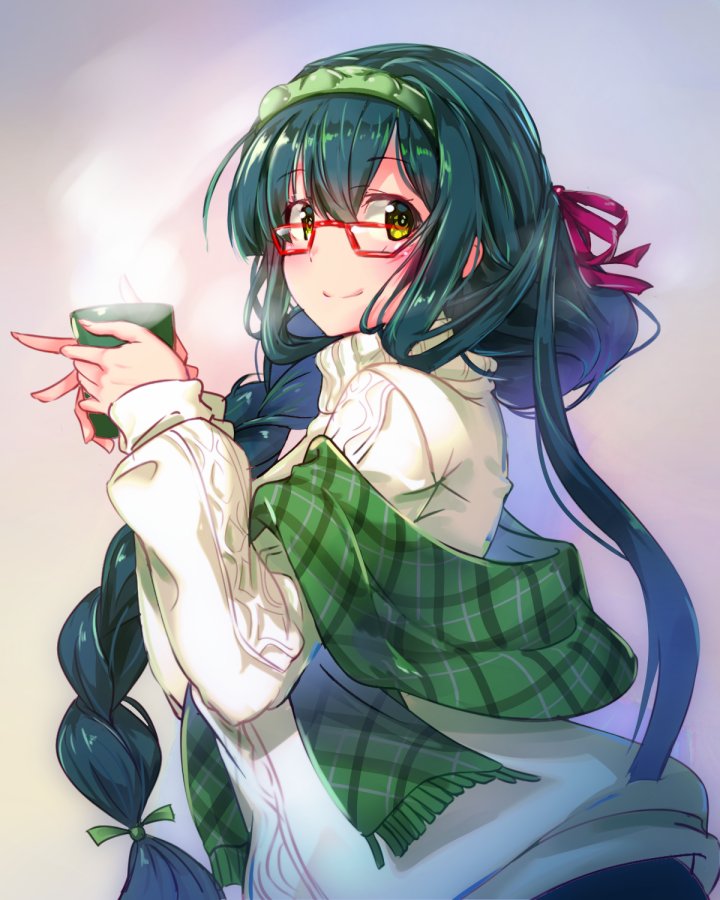 1girl aran_sweater bangs bespectacled braid bug_(artist) closed_mouth coffee_mug commentary_request cup eyebrows_visible_through_hair fringe_trim glasses green_eyes green_hair green_scarf hair_between_eyes hair_over_shoulder hair_ribbon hairband hands_up holding holding_cup long_hair long_sleeves looking_at_viewer looking_to_the_side mug plaid plaid_scarf red-framed_eyewear red_ribbon ribbon scarf sidelocks single_braid sleeves_past_wrists smile solo steam sweater touhoku_zunko turtleneck turtleneck_sweater upper_body very_long_hair vocaloid voiceroid