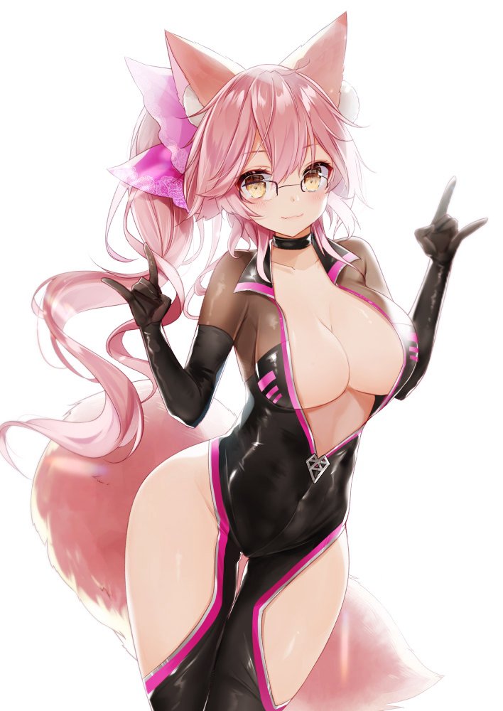 1girl animal_ear_fluff animal_ears bangs black-framed_eyewear black_choker blush bodysuit bow breasts brown_hair choker collarbone commentary_request covered_navel cowboy_shot eyebrows_visible_through_hair fate/grand_order fate_(series) fox_ears fox_shadow_puppet fox_tail glasses hair_between_eyes hair_bow hands_up hip_vent large_breasts long_hair looking_at_viewer natsuki_(ukiwakudasai) open_clothes pink_bow pink_hair ponytail simple_background smile solo standing tail tamamo_(assassin)_(fate) tamamo_(fate)_(all) thighs white_background