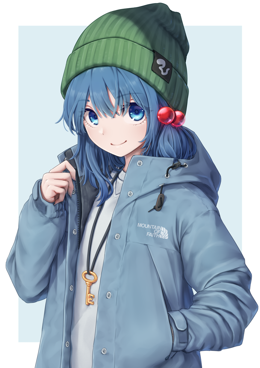 1girl adapted_costume bangs blue_background blue_eyes blue_hair blue_jacket border brand_name_imitation casual commentary_request contemporary copyright_name dtvisu eyebrows_visible_through_hair green_hat hair_between_eyes hair_bobbles hair_ornament hand_in_pocket hand_up hat highres hood hooded_jacket jacket kawashiro_nitori key knit_hat long_hair long_sleeves looking_at_viewer mountain_of_faith open_clothes open_jacket outside_border shirt simple_background smile solo the_north_face touhou two_side_up upper_body white_border white_shirt