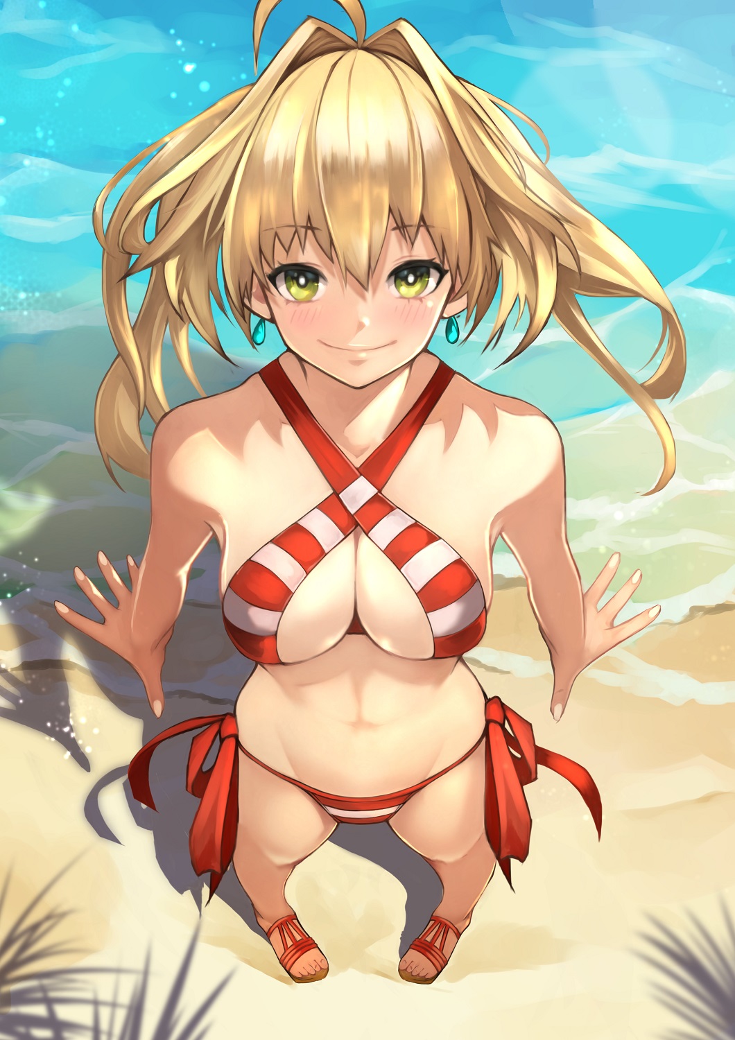 1girl 55level ahoge bangs bare_arms bare_legs bare_shoulders beach bikini blonde_hair blue_earrings blush breasts cleavage commentary_request criss-cross_halter day earrings eyebrows_visible_through_hair fate/grand_order fate_(series) from_above green_eyes hair_intakes halterneck highres jewelry large_breasts long_hair looking_at_viewer medium_hair messy_hair navel nero_claudius_(fate)_(all) nero_claudius_(swimsuit_caster)_(fate) orange_footwear sandals shadow side-tie_bikini smile solo striped striped_bikini swimsuit twintails water