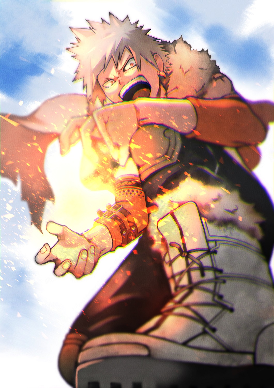 1boy 55level alternate_costume arm_on_knee arm_tattoo bakugou_katsuki black_legwear blonde_hair boku_no_hero_academia boots cape clouds commentary_request day detached_sleeves earrings evil_grin evil_smile foot_out_of_frame from_ground fur-trimmed_boots fur_trim grin highres jewelry knees light looking_at_viewer looking_down male_focus open_mouth outdoors pants red_eyes short_sleeves sky smile solo spiky_hair tattoo tongue upper_teeth v-shaped_eyebrows white_footwear