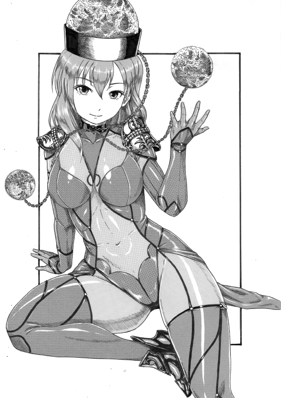 1girl bodysuit breasts chains commentary_request cosplay covered_navel earth fate/grand_order fate_(series) hair_between_eyes hand_up hat hecatia_lapislazuli kudou_(ooabareteng) large_breasts light_smile looking_at_viewer monochrome moon polos_crown scathach_(fate)_(all) scathach_(fate/grand_order) scathach_(fate/grand_order)_(cosplay) shoulder_armor sitting skin_tight solo spaulders touhou traditional_media