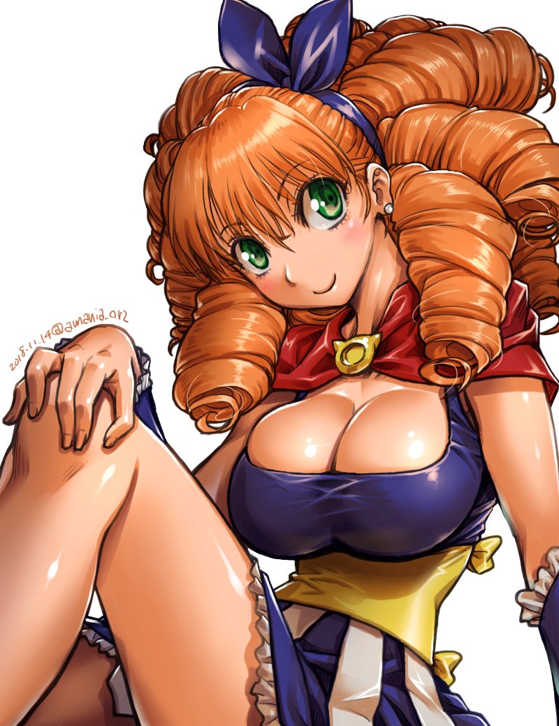 1girl amania_orz bangs big_hair blue_hairband blush breasts capelet cleavage commentary_request dated drill_hair earrings green_eyes hairband hand_on_own_knee jewelry large_breasts long_hair looking_at_viewer melie orange_hair radiant red_capelet ringlets simple_background smile solo stud_earrings twitter_username white_background