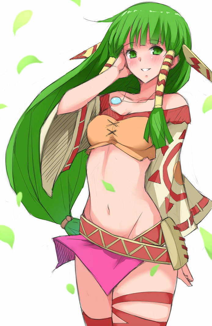 1girl breasts cleavage commentary_request feena_(grandia) grandia grandia_i green_eyes green_hair groin hair_ornament hair_tubes jewelry long_hair low-tied_long_hair midriff mokkosu. necklace skirt smile solo thigh-highs