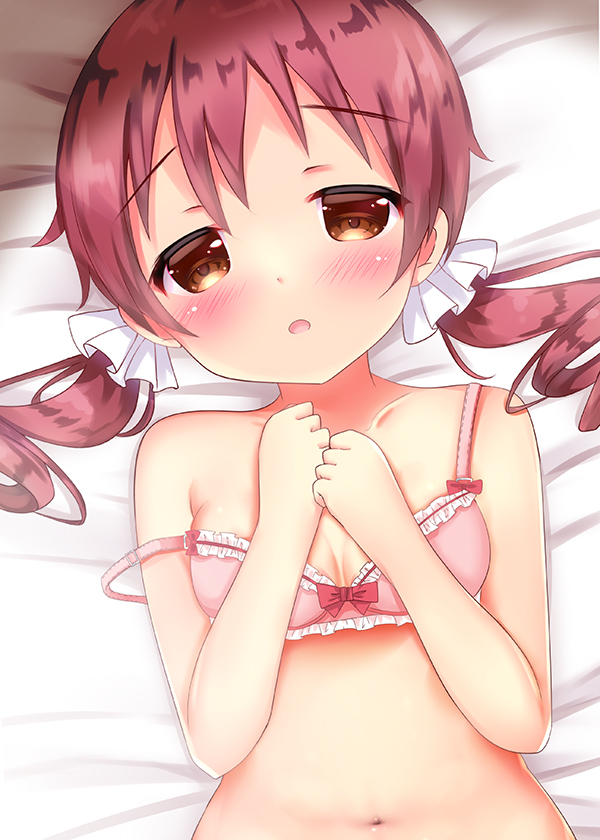 1girl bangs bare_arms bare_shoulders bed_sheet blush bow bow_bra bra breasts brown_eyes collarbone commentary_request dutch_angle eyebrows_visible_through_hair gochuumon_wa_usagi_desu_ka? hands_up long_hair looking_at_viewer low_twintails lying natsu_megumi navel on_back parted_lips pink_bra redhead rikatan ringlets small_breasts solo twintails underwear underwear_only