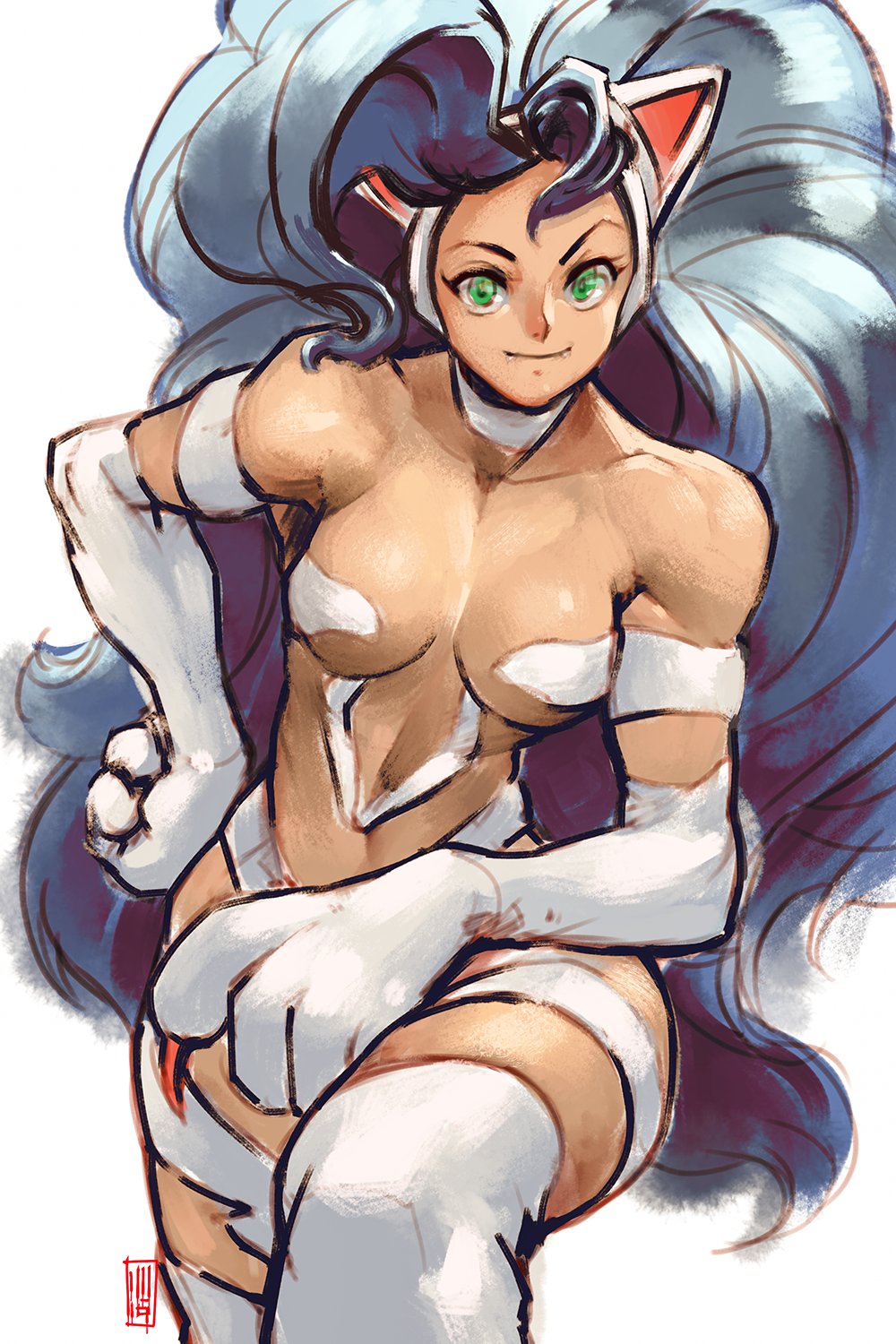 1girl animal_ears arm_on_knee big_hair blue_hair breasts cat_ears cat_girl cat_paws claws commentary cowboy_shot david_liu fangs felicia green_eyes hand_on_hip highres large_hands leg_lift looking_at_viewer medium_breasts paws signature smile toned vampire_(game) white_background white_fur