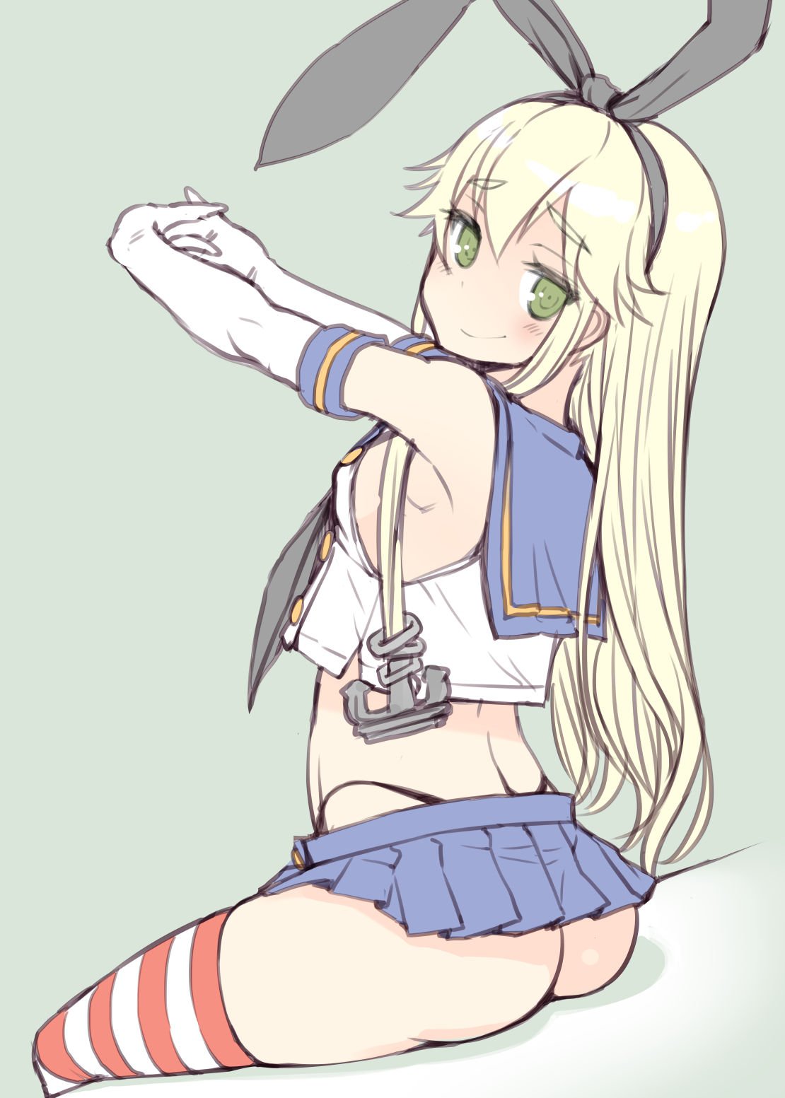 1girl animal_ears ass blonde_hair blue_skirt bosshi elbow_gloves eyebrows_visible_through_hair fake_animal_ears gloves green_eyes highres kantai_collection long_hair looking_at_viewer miniskirt pleated_skirt rabbit_ears shimakaze_(kantai_collection) shirt sitting skirt sleeveless sleeveless_shirt solo striped striped_legwear thigh-highs white_gloves