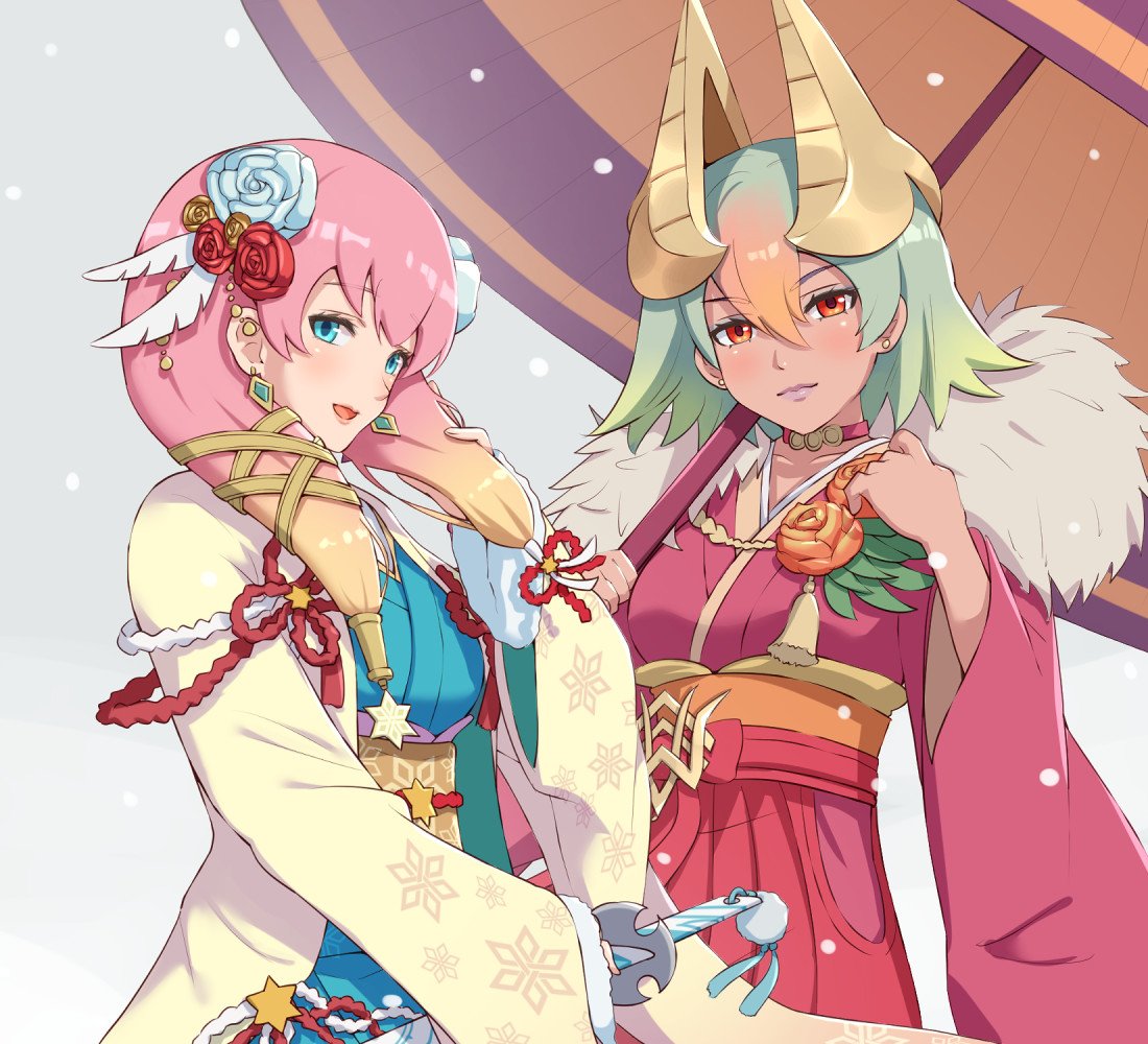 2girls blonde_hair blue_eyes closed_mouth dark_skin earrings fire_emblem fire_emblem_heroes flower gonzarez gradient_hair green_hair gunnthra_(fire_emblem) hair_flower hair_ornament japanese_clothes jewelry kimono laegjarn_(fire_emblem_heroes) long_hair long_sleeves multicolored_hair multiple_girls nintendo obi open_mouth pink_hair red_eyes sash short_hair sword weapon wide_sleeves