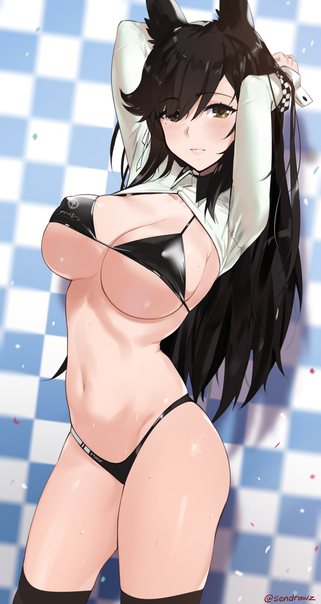 1girl animal_ears arms_up atago_(azur_lane) azur_lane bikini black_hair black_legwear blurry blurry_background breasts checkered checkered_background closed_mouth confetti erect_nipples extra_ears highres long_hair looking_at_viewer mole mole_under_eye sendrawz shiny shiny_hair signature solo swimsuit thigh-highs yellow_eyes