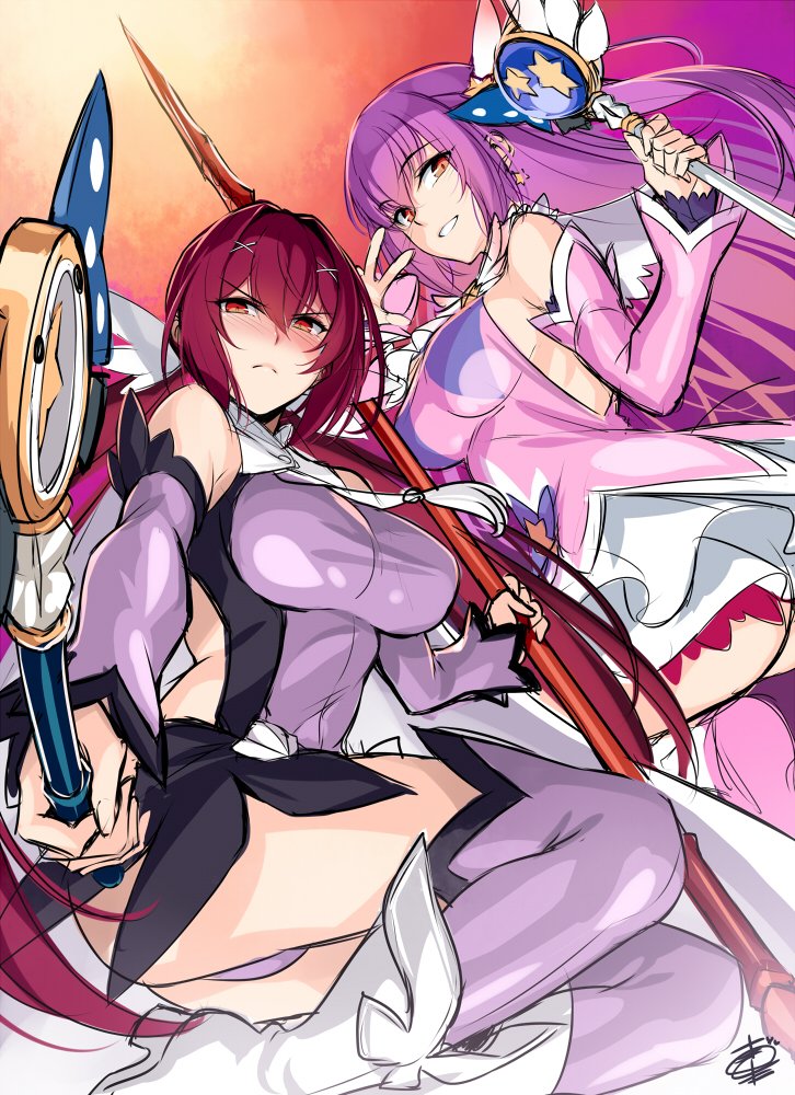 2girls backless_dress backless_outfit bangs bare_shoulders blush boots breasts closed_mouth detached_sleeves dress dual_persona fate/grand_order fate/kaleid_liner_prisma_illya fate_(series) feathers frown gae_bolg hair_feathers hair_intakes halterneck hips holding holding_wand kaleidostick large_breasts long_hair looking_at_viewer magical_ruby magical_sapphire multiple_girls okitakung pink_dress polearm purple_dress purple_footwear purple_hair red_eyes scathach_(fate)_(all) scathach_(fate/grand_order) scathach_skadi_(fate/grand_order) smile thigh-highs thigh_boots thighs wand weapon