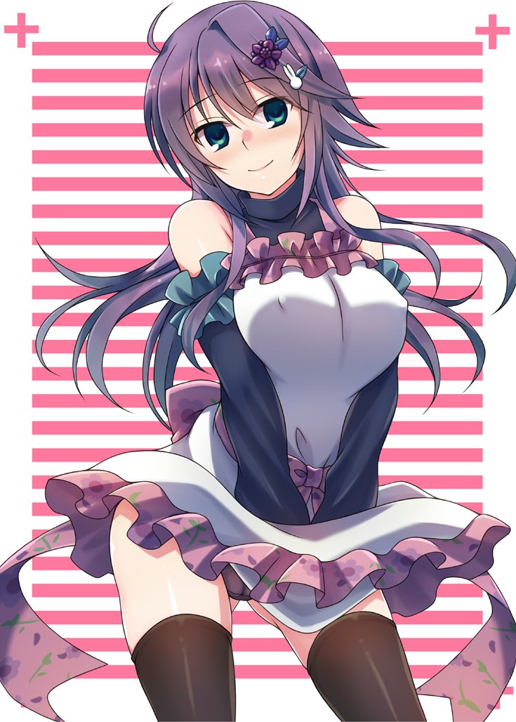 1girl anemone_(flower_knight_girl) back_bow black_legwear black_panties bow bunny_hair_ornament closed_mouth cowboy_shot dress erect_nipples flower flower_knight_girl frills green_eyes hair_flower hair_ornament hairclip kuroama long_hair looking_at_viewer panties pink_bow purple_hair smile solo standing striped striped_background thigh-highs underwear v_arms white_dress