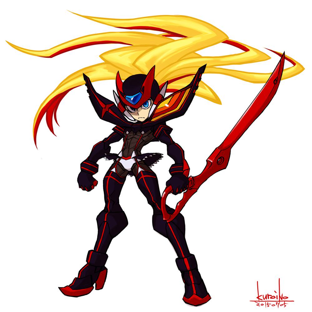 blonde_hair blue_eyes cosplay dated kill_la_kill kuroino_(0kuro8ino6) long_hair looking_at_viewer matoi_ryuuko matoi_ryuuko_(cosplay) multicolored_hair redhead rockman rockman_x rockman_zero scissor_blade senketsu signature two-tone_hair very_long_hair zero_(rockman)