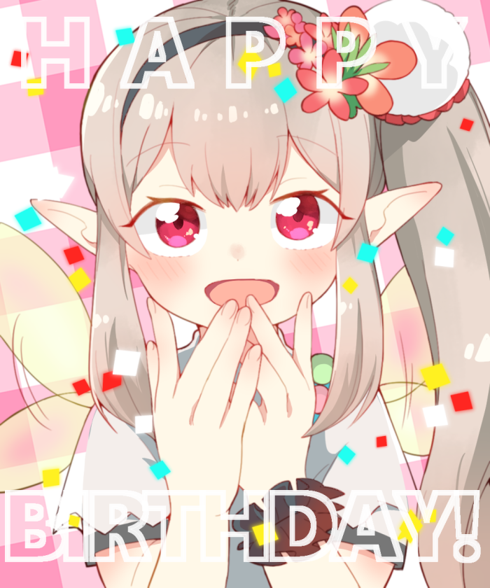 1girl :d afterimage bangs black_hairband blush brown_hair commentary_request elf elu_(nijisanji) eyebrows_visible_through_hair fingernails flower hair_flower hair_ornament hairband hand_to_own_mouth hands_up happy_birthday long_hair looking_at_viewer nijisanji open_mouth plaid plaid_background pointy_ears red_eyes red_flower shirt short_sleeves side_ponytail smile solo transparent_wings upper_body very_long_hair virtual_youtuber white_shirt yamase yellow_wings