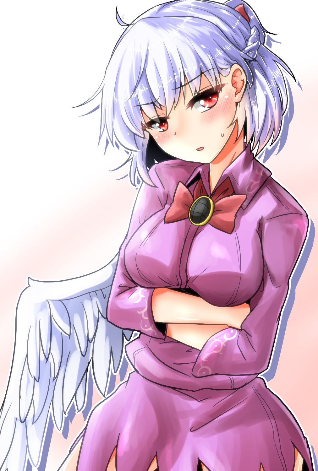 1girl blush braid breast_hold breasts crossed_arms dress feathered_wings french_braid head_tilt highres kishin_sagume looking_at_viewer medium_breasts oshiaki purple_dress red_eyes short_hair silver_hair single_wing solo sweatdrop touhou white_background white_wings wings