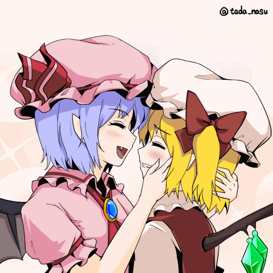 2girls :d ^_^ animated animated_gif artist_name bangs bat_wings blonde_hair blue_hair bow brooch closed_eyes closed_eyes commentary_request crystal dress eyebrows_visible_through_hair facing_another fang flandre_scarlet frilled_shirt_collar frills from_side grin hair_between_eyes hair_bow hat hat_ribbon jewelry mob_cap multiple_girls one_side_up open_mouth pink_background pink_dress pink_hat pointy_ears profile puffy_short_sleeves puffy_sleeves red_bow red_ribbon red_vest remilia_scarlet ribbon shirt short_sleeves siblings simple_background sisters smile sparkle tada_no_nasu touhou twitter_username v-shaped_eyebrows vest white_hat white_shirt wings