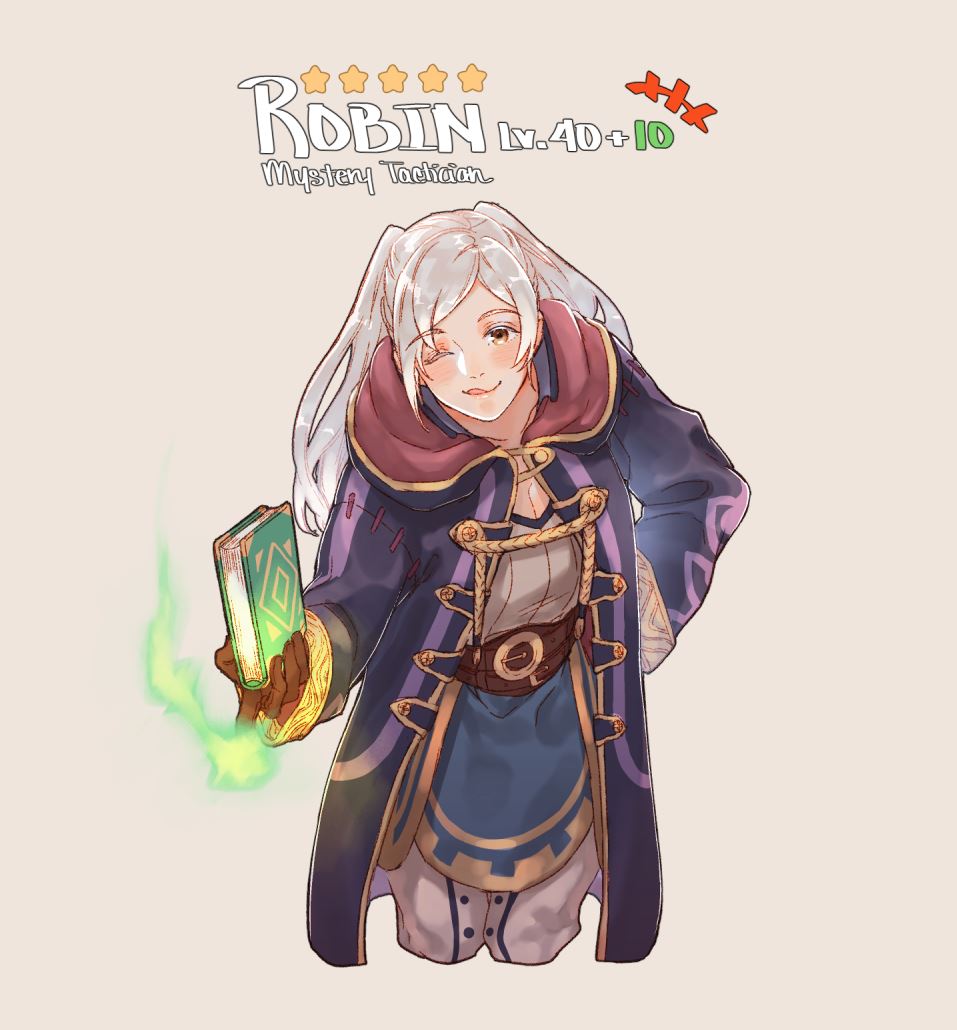 1girl belt book brown_gloves character_name female_my_unit_(fire_emblem:_kakusei) fire_emblem fire_emblem:_kakusei fire_emblem_heroes gloves holding holding_book krazehkai long_hair long_sleeves my_unit_(fire_emblem:_kakusei) nintendo one_eye_closed robe simple_background solo tongue tongue_out twintails white_background white_hair