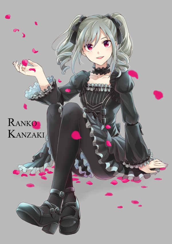 1girl :d bekkourico black_bow black_dress black_footwear black_legwear blush bow character_name choker collarbone dress drill_hair frilled_sleeves frills full_body grey_background grey_hair hair_between_eyes hair_bow idolmaster idolmaster_cinderella_girls kanzaki_ranko long_hair long_sleeves looking_at_viewer open_mouth pantyhose red_eyes short_dress simple_background sitting smile solo twin_drills