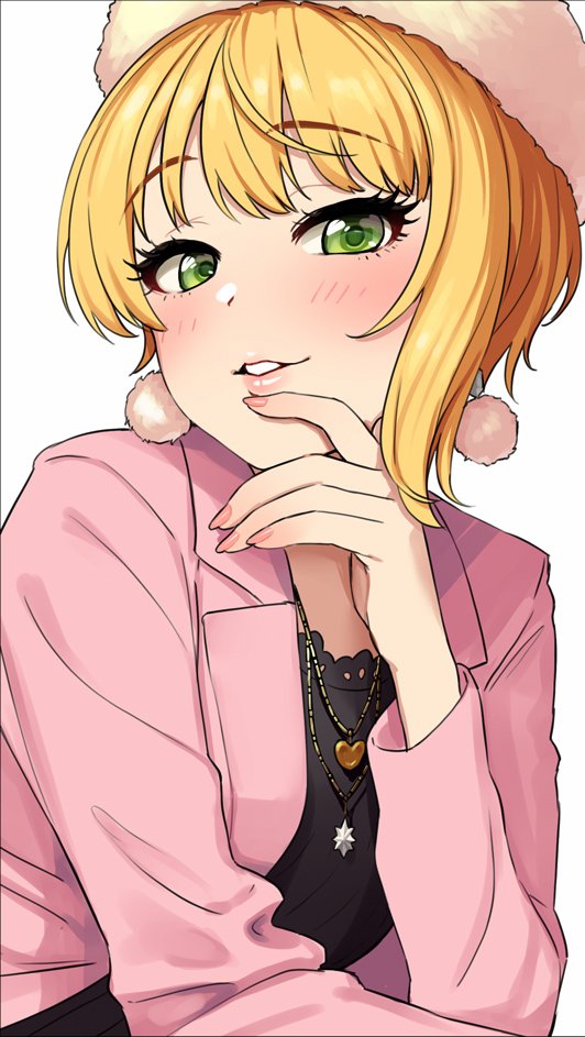 1girl asymmetrical_hair blazer blonde_hair blush earrings eyebrows_visible_through_hair face fingernails fur_hat green_eyes hand_on_own_chin hat heart_pendant idolmaster idolmaster_cinderella_girls jacket jewelry lips long_sleeves miyamoto_frederica nail_polish necklace omaru_gyuunyuu pendant pink_coat pink_nails pom_pom_earrings short_hair simple_background solo upper_body white_background