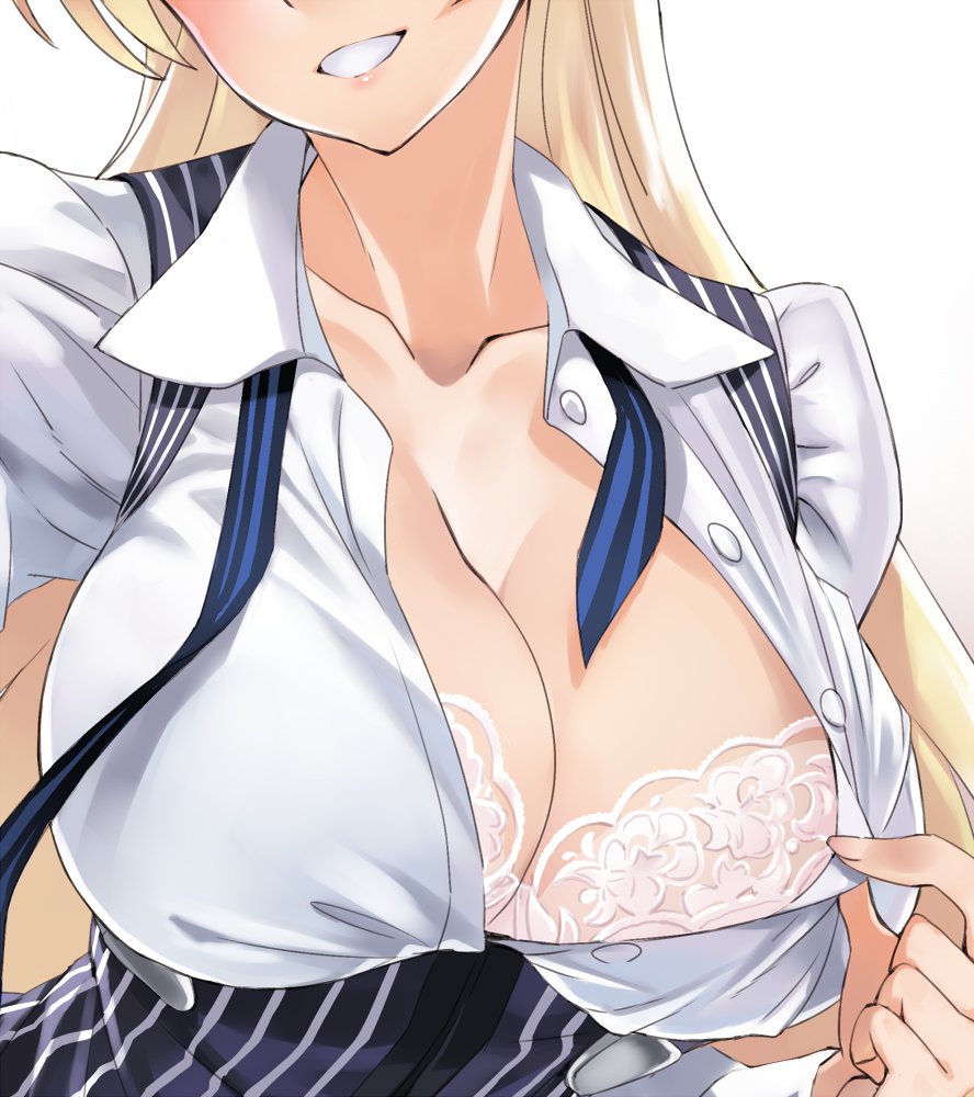 1girl arm_up blonde_hair blush bra breasts cleavage collarbone commentary_request copyright_request facing_viewer fingernails grin head_out_of_frame large_breasts lips long_hair matsuryuu open_mouth pinstripe_pattern shiny shiny_hair simple_background smile solo striped underwear upper_body white_background white_bra wing_collar