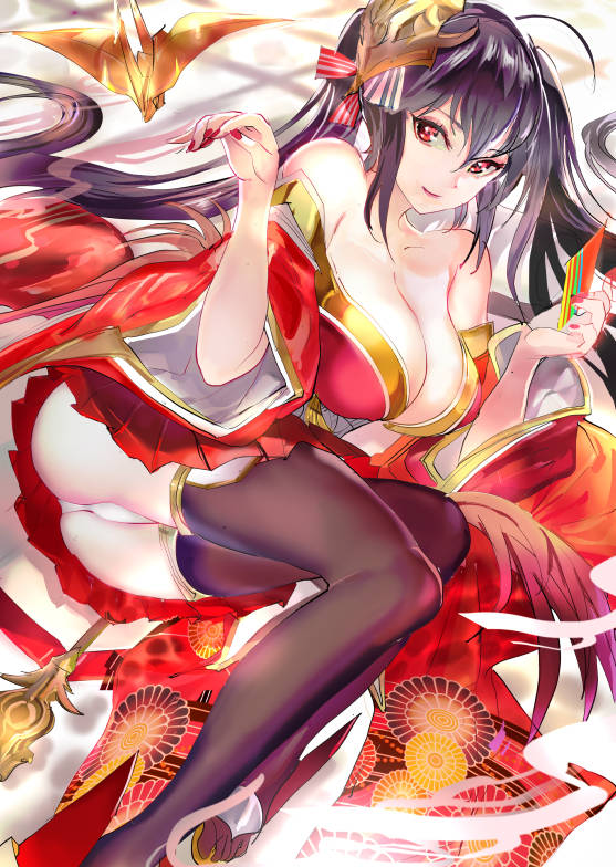 119 1girl azur_lane bangs bare_shoulders black_hair breasts cleavage commentary_request hair_between_eyes japanese_clothes kimono large_breasts long_hair looking_at_viewer lying mask mask_on_head nail_polish on_side panties pleated_skirt red_eyes red_kimono red_nails skirt smile taihou_(azur_lane) thigh-highs underwear very_long_hair