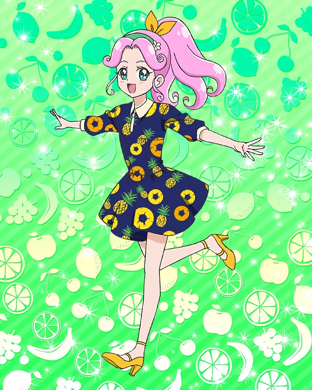 1girl blue_dress blue_eyes blush dress fruit_print full_body hanami_kotoha highres long_hair mahou_girls_precure! official_art open_mouth outstretched_arms parted_bangs pink_hair ponytail precure precure_connection_puzzlun smile solo spread_arms third-party_source yellow_footwear