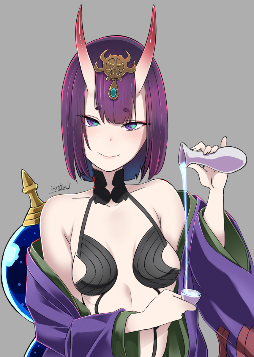 1girl alcohol bare_shoulders bob_cut breasts butcha-u cup eyebrows_visible_through_hair eyeliner eyeshadow fangs fate/grand_order fate_(series) gourd headpiece highres horns japanese_clothes kimono looking_at_viewer makeup oni oni_horns open_clothes open_kimono pouring purple_hair purple_kimono revealing_clothes sake short_eyebrows short_hair shuten_douji_(fate/grand_order) signature small_breasts smile solo upper_body violet_eyes