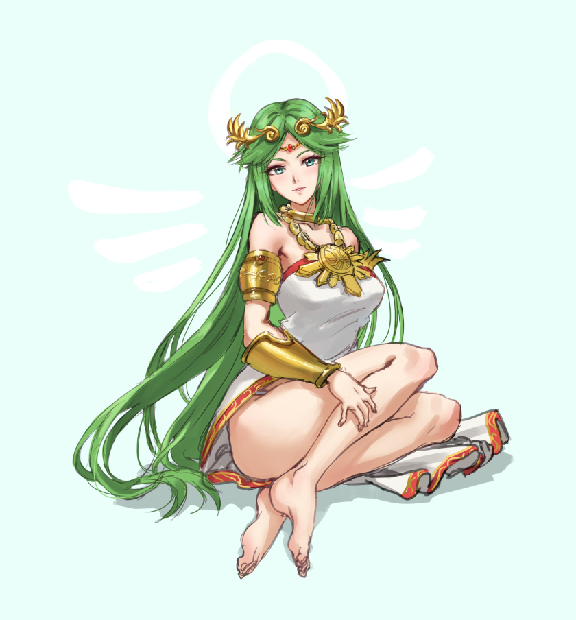 1girl athenawyrm bare_legs bare_shoulders barefoot blush breasts commentary dress feet full_body green_eyes green_hair jewelry kid_icarus kid_icarus_uprising long_hair looking_at_viewer medium_breasts necklace nintendo palutena parted_lips shadow simple_background sitting smile solo strapless strapless_dress tiara very_long_hair white_dress yokozuwari