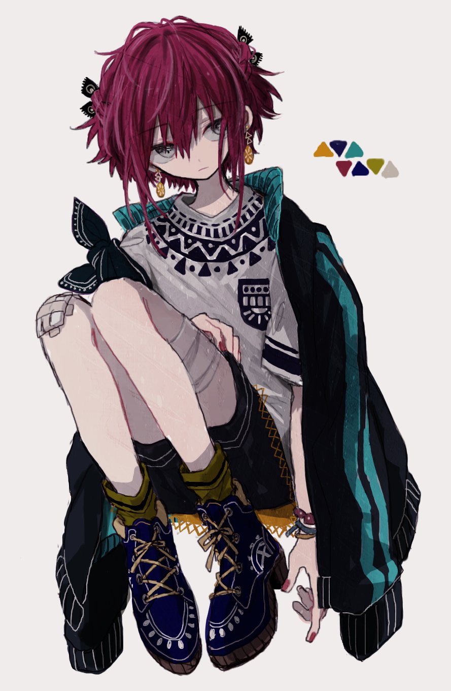 1girl azsn10 black_footwear black_jacket bracelet breast_pocket earrings full_body grey_background hair_between_eyes highres jacket jewelry knees_up nail_polish original pocket red_nails redhead shoes short_hair short_sleeves simple_background solo