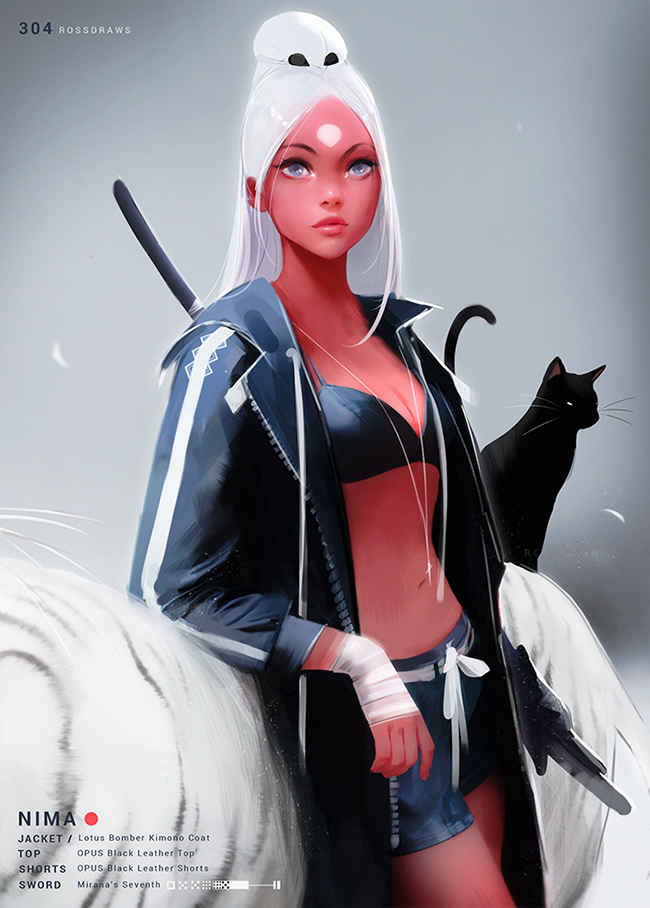 1girl bangs black_cat blue_eyes breasts cat cleavage commentary english_commentary english_text facial_mark forehead_mark high_ponytail hood hooded_jacket jacket lips long_coat long_hair navel nima_(ross_tran) nose open_clothes open_jacket original parted_bangs red_skin ross_tran sheath sheathed shorts small_breasts solo_focus standing sword updo weapon white_hair