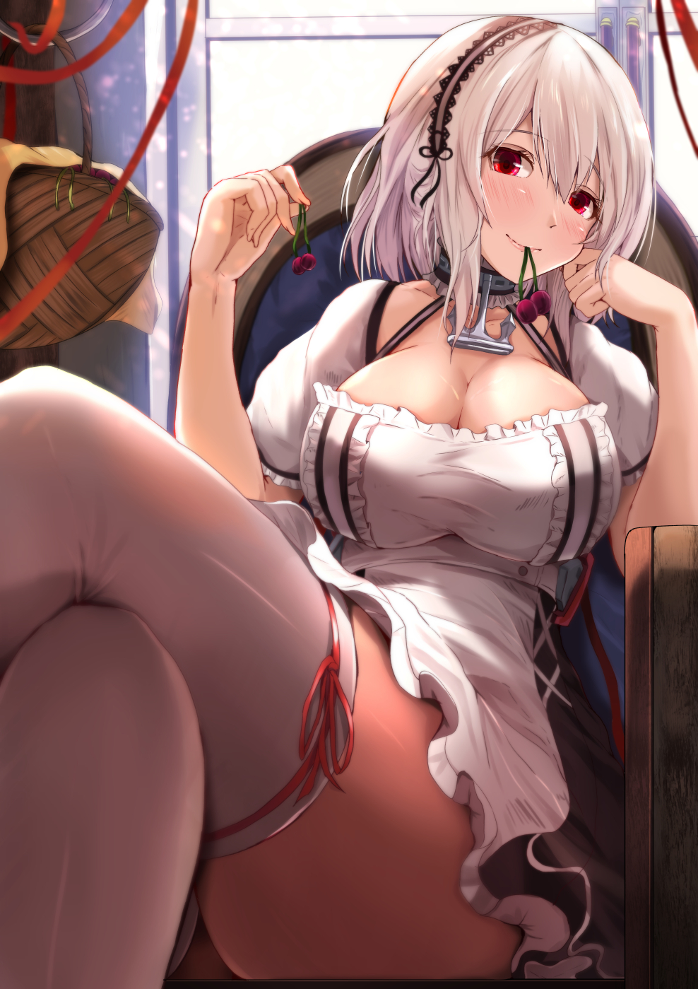 1girl anchor azur_lane bangs basket blush breasts choker cleavage collarbone commentary dress elbow_rest eyebrows_visible_through_hair frills hair_between_eyes hairband head_tilt highres kanzaki_kureha lace-trimmed_hairband large_breasts legs_crossed looking_at_viewer mouth_hold puffy_sleeves red_eyes ribbon short_hair short_sleeves sidelocks sirius_(azur_lane) sitting solo taut_clothes taut_dress thigh-highs white_hair white_legwear