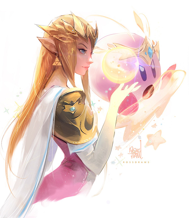 1girl 1other blonde_hair blue_eyes cape commentary crossover crown earrings elbow_gloves english_commentary gloves jewelry kirby kirby_(series) long_hair magic nintendo orb pauldrons pointy_ears princess_zelda ross_tran super_smash_bros. the_legend_of_zelda triforce white_gloves