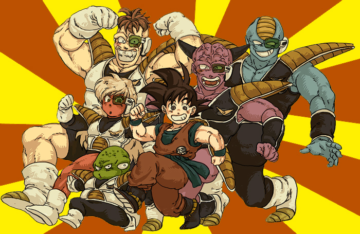 /\/\/\ 6+boys :o armor arms_at_sides black_eyes black_hair boots burter captain_ginyu clenched_hands clenched_teeth dougi dragon_ball dragonball_z full_body grin guldo happy height_difference horns jeice looking_at_viewer multiple_boys nitako recoome red_background scouter short_hair smile son_gokuu spiky_hair striped striped_background teeth two-tone_background vertical-striped_background vertical_stripes wristband yellow_background