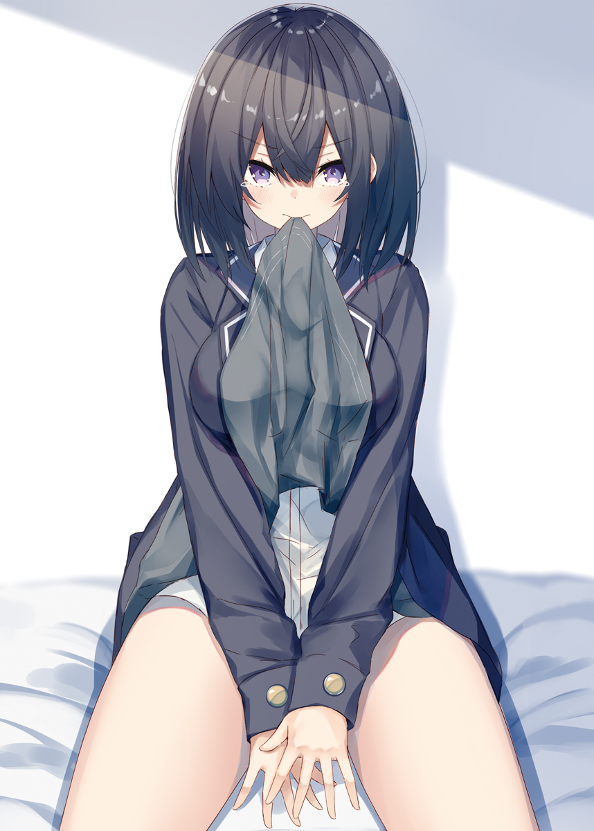 1girl bangs bed_sheet between_legs black_hair black_jacket blazer blush breasts closed_mouth collared_shirt commentary_request dress_shirt eyebrows_visible_through_hair grey_skirt hair_between_eyes hand_between_legs highres jacket kavka lifted_by_self long_sleeves medium_breasts mouth_hold open_blazer open_clothes open_jacket original shadow shirt sitting skirt skirt_in_mouth skirt_lift sleeves_past_wrists solo tears violet_eyes white_background white_shirt