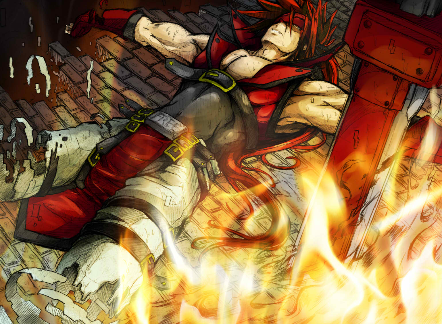 1boy belt belt_buckle brick brick_floor brown_hair buckle fingerless_gloves fire gloves guilty_gear headgear jie_laite long_hair lying male_focus muscle orange_eyes parted_lips red_gloves skin_tight sol_badguy solo spiky_hair torn_clothes weapon