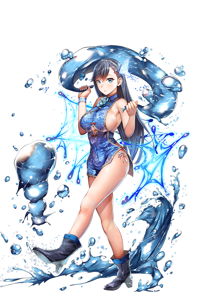 1girl asymmetrical_bangs bangs bare_legs blue_eyes blue_flower blue_footwear blue_hair blue_rose boots breasts bug butterfly china_dress chinese_clothes dress eyebrows_visible_through_hair flower full_body hair_between_eyes hair_ornament hairband high_heel_boots high_heels holding_water insect kicking large_breasts lolicept long_hair longji_gongzhu_(sennen_sensou_aigis) official_art panties rose sennen_sensou_aigis shiny shiny_skin side-tie_panties sideboob sidelocks sleeveless solo splashing standing tachi-e taut_clothes taut_dress thighs transparent_background under_boob underboob_cutout underwear water water_butterfly water_drop white_panties wristband