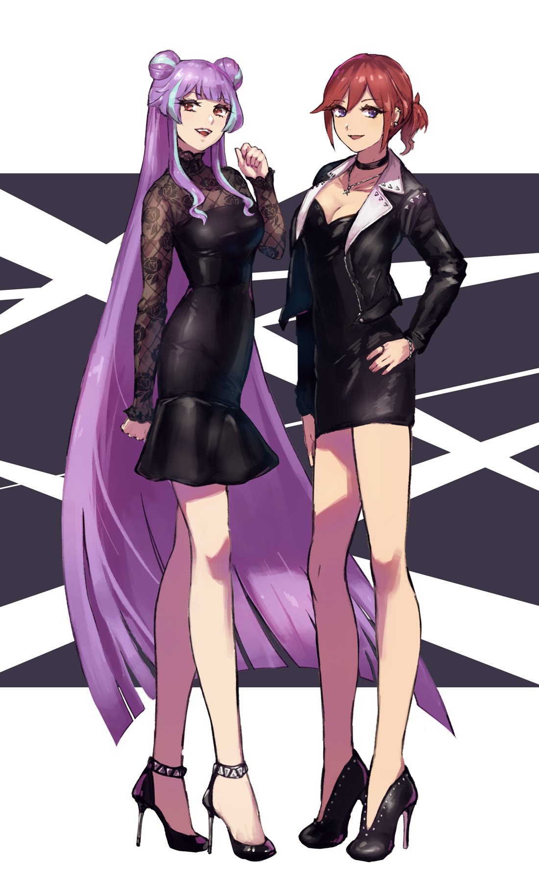 2girls :d alternate_hairstyle black_dress black_footwear black_jacket blue_eyes breasts choker cleavage collarbone double_bun dress floral_print full_body hair_between_eyes hand_on_hip hat high_heels highres jacket jewelry kaname_buccaneer long_hair long_sleeves looking_at_viewer macross macross_delta medium_breasts mikumo_guynemer multiple_girls necklace open_clothes open_jacket open_mouth protected_link purple_hair red_eyes red_hat shimatani_azu shoes short_dress short_hair short_ponytail sidelocks smile standing stiletto_heels very_long_hair