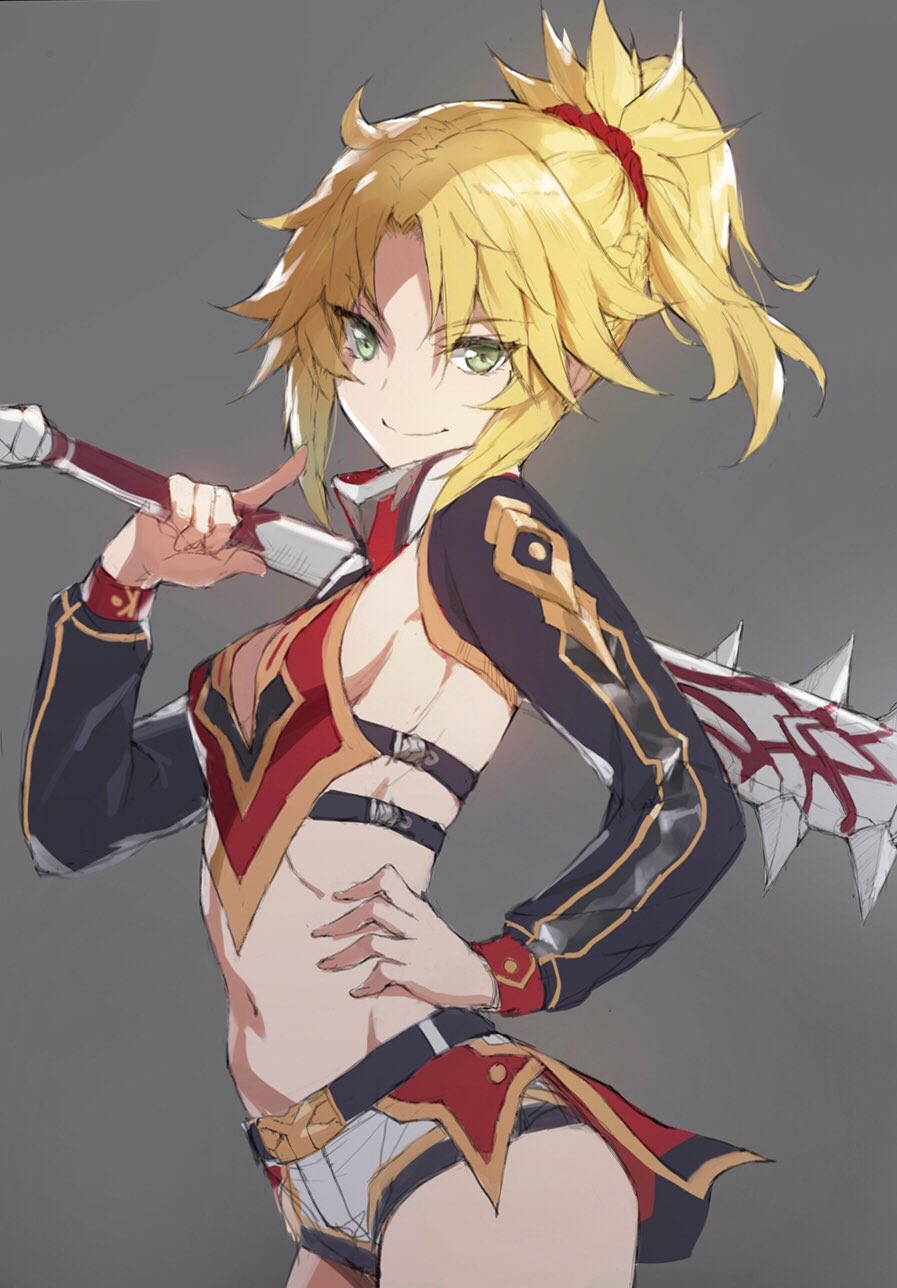 1girl belt blonde_hair braided_ponytail breasts club detached_sleeves fate/grand_order fate_(series) green_eyes hand_on_hip highres mordred_(fate)_(all) shorts sideboob spiked_club toned tonee weapon