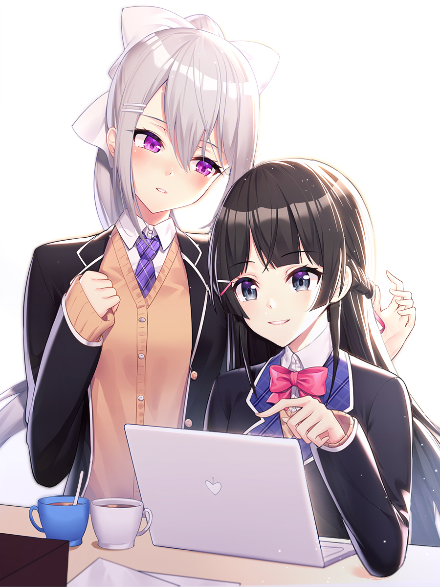 2girls bangs black_hair black_jacket blazer blue_eyes blush bow bowtie braid brown_cardigan cardigan collared_shirt commentary_request computer cup dress_shirt eyebrows_visible_through_hair hair_between_eyes hair_bow hair_ornament hairclip hands_up head_tilt high_ponytail highres higuchi_kaede jacket laptop long_hair long_sleeves looking_at_another multiple_girls necktie nijisanji open_blazer open_clothes open_jacket parted_lips pink_neckwear plaid_neckwear ponytail purple_neckwear ririko_(zhuoyandesailaer) shirt sidelocks silver_hair simple_background sleeves_past_wrists smile tsukino_mito very_long_hair violet_eyes virtual_youtuber white_background white_bow white_shirt