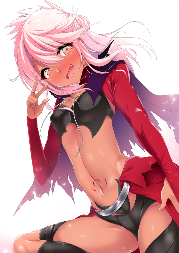 1girl bangs black_panties blush breastplate breasts capelet chloe_von_einzbern dark_skin fangs fate/kaleid_liner_prisma_illya fate_(series) hair_between_eyes half_updo long_hair long_sleeves looking_at_viewer navel open_mouth orange_eyes panties pink_hair red_capelet sasakuma_kyouta shrug shrug_(clothing) sidelocks simple_background small_breasts smile solo stomach_tattoo swept_bangs tattoo thigh_strap thighs underwear waist_cape white_background