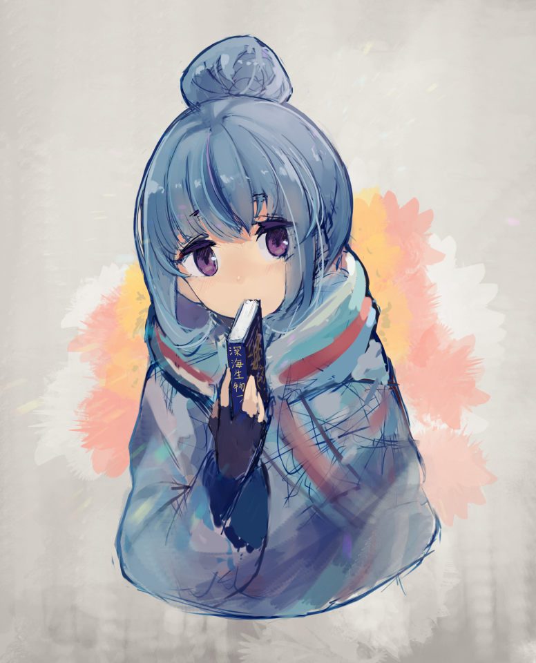 1girl aqua_scarf black_gloves blue_hair blue_scarf book book_to_mouth commentary_request fingerless_gloves gloves grey_scarf holding holding_book multicolored multicolored_background multicolored_clothes multicolored_scarf nasuno_chiyo red_scarf scarf shima_rin solo striped striped_scarf violet_eyes yurucamp