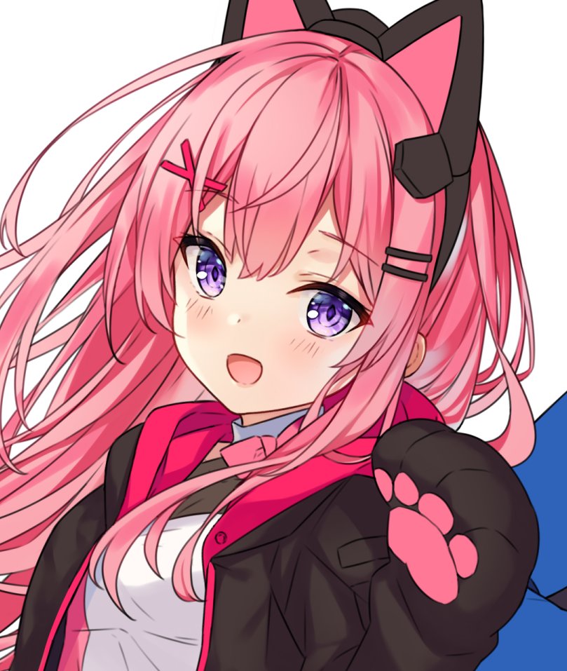 1girl :d animal_ears bangs black_jacket blush cat_ears commentary english_commentary eyebrows_visible_through_hair fake_animal_ears hair_between_eyes hair_ornament hairclip hand_up hitsukuya hood hood_down hooded_jacket jacket long_hair looking_at_viewer open_clothes open_jacket open_mouth original paws pink_hair shirt simple_background smile solo violet_eyes white_background white_shirt x_hair_ornament