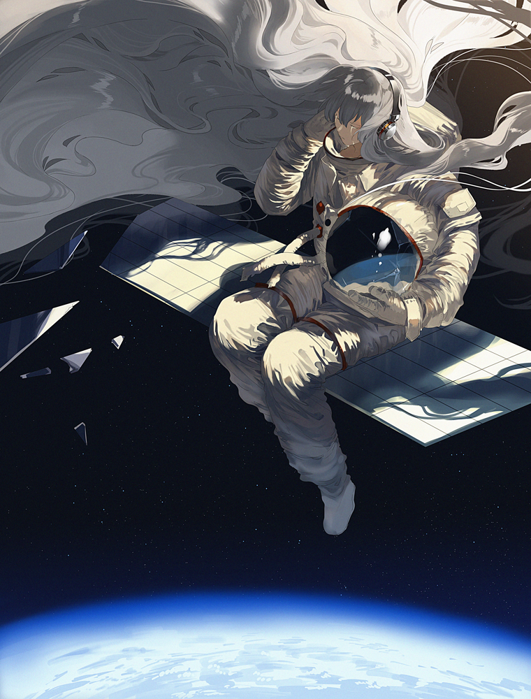 1girl broken broken_helmet crying earth floating_hair hand_up headset headwear_removed helmet helmet_removed kurohal long_hair original planet reflection sad satellite shadow silver_hair sitting solo space spacesuit very_long_hair