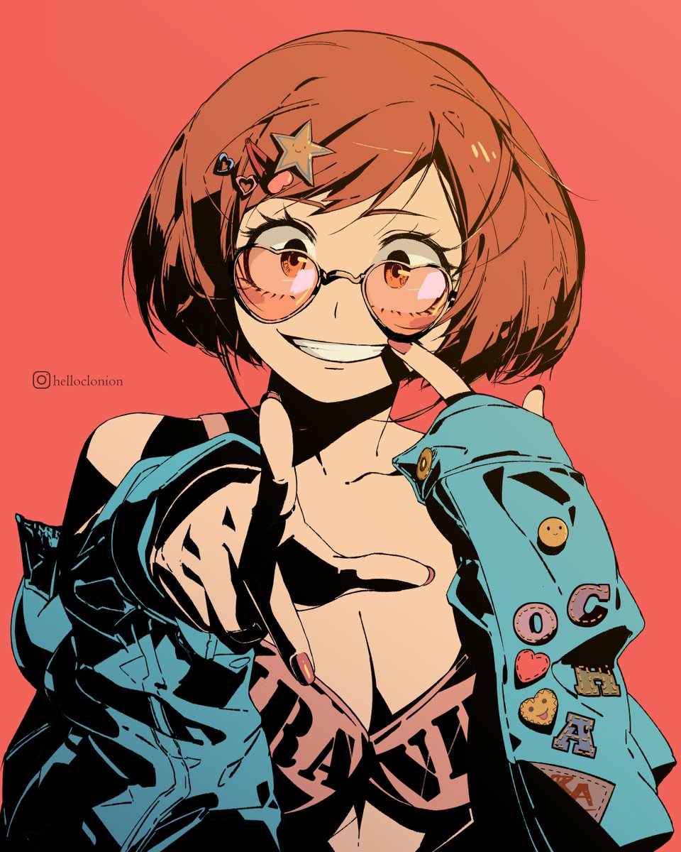 1girl blush bob_cut boku_no_hero_academia bra breasts brown_hair buttons cleavage clonion eyelashes hair_ornament hairclip heart heart-shaped_eyewear highres jacket looking_at_viewer medium_hair messy_hair nail_polish no_shirt open_clothes open_jacket pink_background pointing pointing_at_viewer smile sunglasses underwear uraraka_ochako