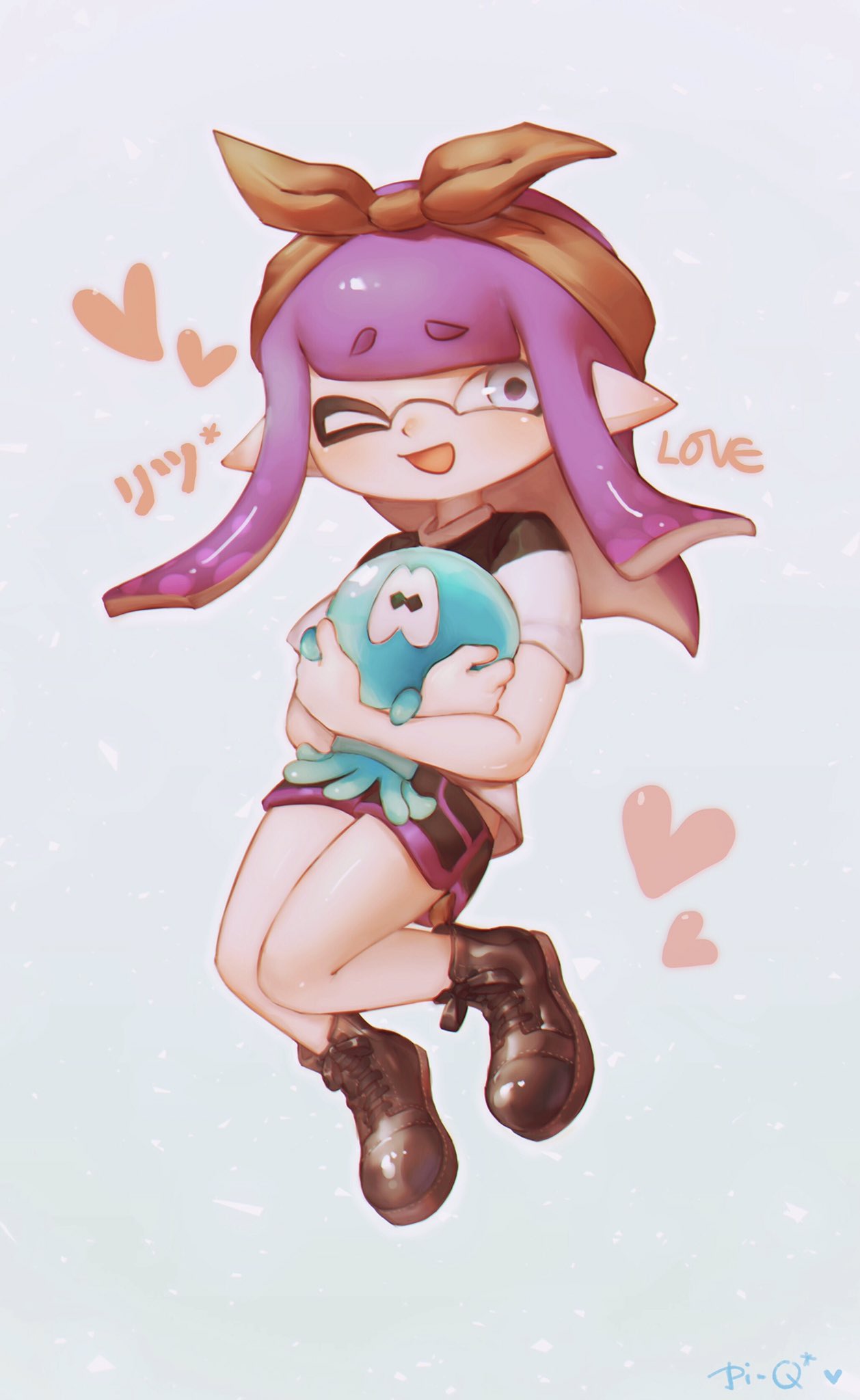 1girl bangs brown_footwear domino_mask eyebrows_visible_through_hair full_body grey_background grey_eyes heart highres inkling long_hair mask one_eye_closed open_mouth pi_q pointy_ears purple_hair shirt shoes short_sleeves shorts sidelocks smile solo_focus splatoon_(series) squid t-shirt tentacle_hair white_shirt
