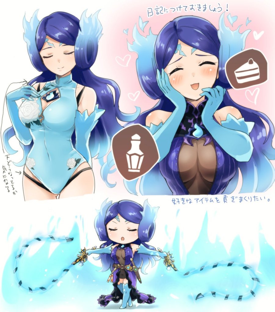 1girl blush breasts chibi closed_eyes collarbone dual_wielding fire gloves holding kagutsuchi_(xenoblade) long_hair looking_at_viewer madanai_(morisumeshi) nintendo open_mouth pauldrons purple_hair short_hair simple_background smile solo swimsuit weapon xenoblade_(series) xenoblade_2